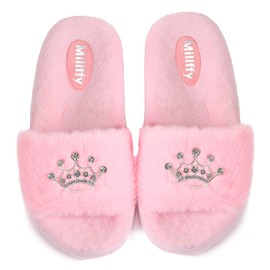 Millffy Plush Fluffy Slippers Princess Crown Bling Bling Diamond crown jewelry Ladies Shoes Pink Girl Home Slippers (7-8 M US, Pink)
