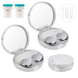CQSYWQING 2 PACK Contact Lens Travel Kit, Portable Contact Box with Mirror Tweezers Remover Tool Solution Bottle for Daily Outdoor (Silver)