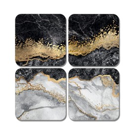 4 x Square Black Gold Coasters - Marble Effect Agate Art Deco Jigsaw Gift #78311