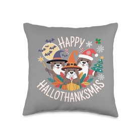 Funny Hallothanksmas Otters Lovers Throw Pillow