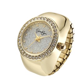 Jessica Simpson Women's Gold Adjustable Ring Watch – Crystal Bezel, Quartz Analog Mini Dial, Stretch Band Fashion Jewelry Accessory