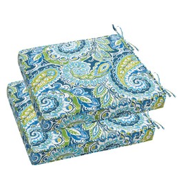 Magpie Fabrics Patio Square Chair Cushions 18"x18"x2.5" with Ties, 2 Pack, Waterproof Weather Resistant Indoor/Outdoor Universal Corner Seat Cushion, for Garden Dining Office(Paisley Lapis Green)