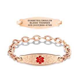 Divoti PVD Rose Gold Lip Link Medical Alert Bracelet with Free Engraving and Olive Tag– PVD Rose Gold/TP Red - 70