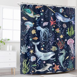 Riyidecor Kids Whale Sea Animal Shower Curtain for Bathroom Decor 60Wx72H Blue Ocean Cartoon Underwater Turtle Octopus Fish Funny Marine Art Printed Fabric Polyester Waterproof 12 Pack Plastic Hooks