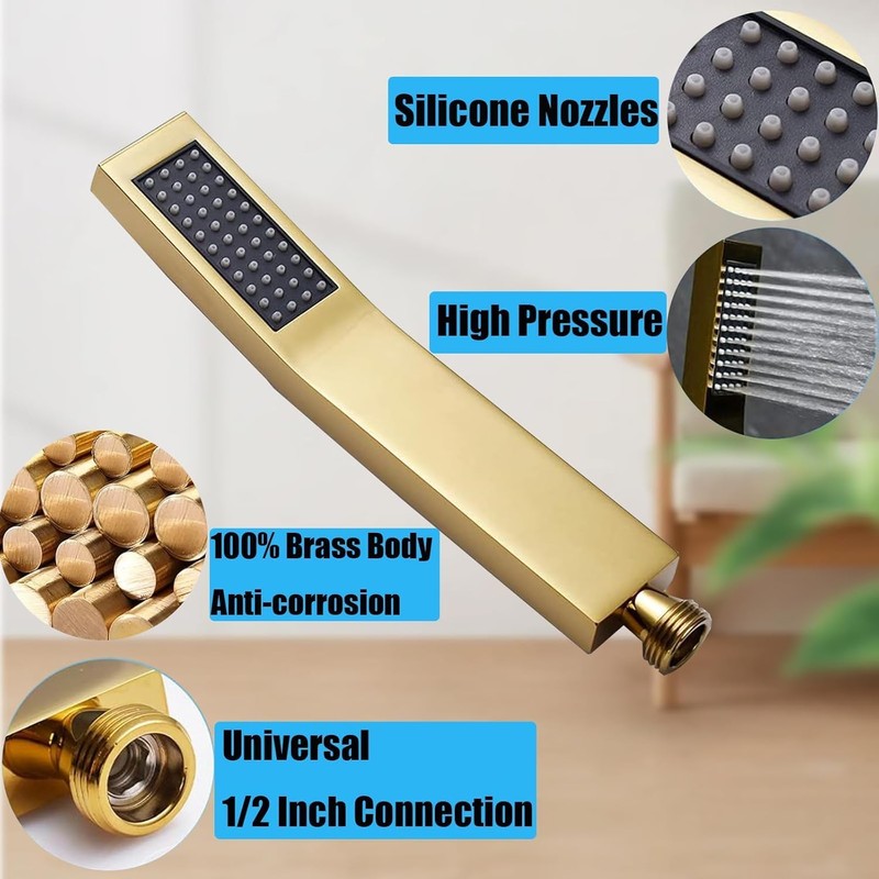 Bathroom Gold Handheld Shower Wand, Hand Brass Shower Head with
