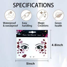 Love Face Sticker Valentine's Day Face Gems Sticker Pink Red Heart Crystals Art Stickers Glitter Face Art Decal Woman Girl Face Eye Decoration for Cosplay,Make Up,Valentine's Day Party 2Sheets (E)