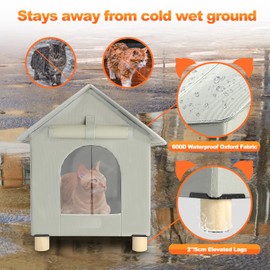 FHTONGE Large Elevated Heated Cat House for Outdoor & Feral Cats in Winter, Weatherproof Shelter with Heating Mat, Collapsible Kennel for Small Animals & Rabbits
