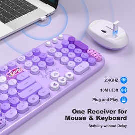 Wireless Keyboard and Mouse, SQMD Colorful Typewriter Retro Keyboard with Round Keycaps, 2.4GHz USB Full-Size Keyboard and Mouse Set for Mac PC Desktop Laptop (Purple Colorful)