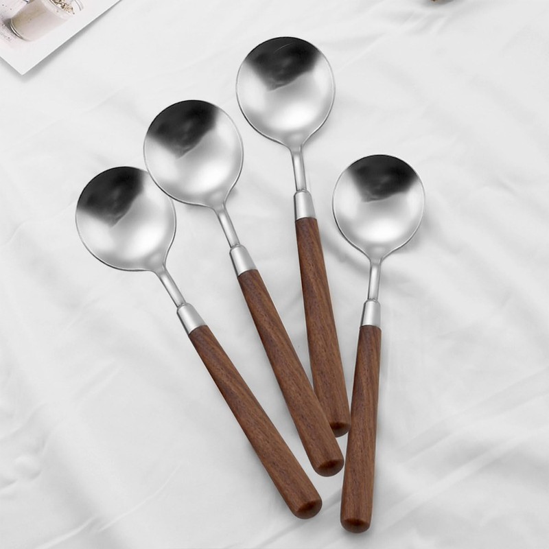 Ouliget Retro Wooden Handle Spoon,Matte Stainless Steel Serving Tablespoons,Wooden DinnerSpoon,Matte
