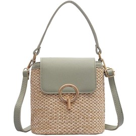 Lifenanny Small Straw Crossbody Bag, Women Cellphone Shoulder Bag Beach Bucket Handbag, Green