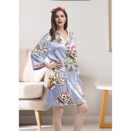 Womens Satin Kimono Robe Silk Robes Floral Bathrobe Bride Bridesmaid Wedding Silky Bridal Dressing Gown Loungewear