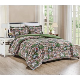 Chezmoi Collection 3-Piece Country Cabin Lodge Camping Outdoor Wilderness Microfiber Printed Comforter Set, King, Green