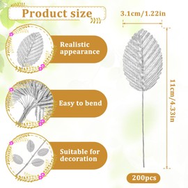 200 Pcs Silver Leaves for Crafts, Artificial Silk Faux Rose Leaves Single Leaf Wire Crafts Leaf for DIY Wreaths Flower Bouquet Wedding Decor