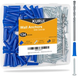 KURUI #12-16 Wall Anchors and Screws Kit, 134 PCs Drywall Anchors for Drywall Brick Masonry Stucco Concrete, 67 Plastic Concrete Anchors and 67 Wood Screws, Drywall Anchors for Picture, Curtain Rod