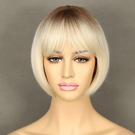 Sapphirewigs Blonde Bob Wigs for Women Ombre Wig with Bangs Dark Roots Short Bob Wig Daily Party Wig Natural Looking Wig 12inch