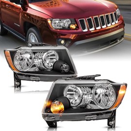 SOCKIR Halogen Headlight Assembly Fit for 2011 2012 2013 Jeep Grand Cherokee 2011-2017 Compass Passenger and Driver Side (NOT for Cherokee) Black Housing with Amber Reflector