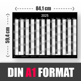 XXL Wall Calendar 2025 DIN A1 Annual Calendar Year Planner 2025 - 84 x 59 cm, Wall Calendar with Calendar Weeks and Holidays in Black - Wall Calendar Large Format Calendar