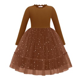 Arshiner Toddler Tulle Dress Girls Long Sleeve Star Sequin Casual Brown Party Fall Winter Tutu Dresses