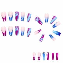 MERVF Coffin Press on Nails Long Fake Nails French Tip Ballerina Glue on Nails Press ons with Glitter Design 24pcs Glossy Acrylic Nails Ombre Artificial False Nails for Women