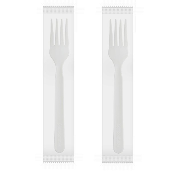 GreenWorks 750 Count 6" Compostable Forks With Compostable Wrapper, BIP Certified Individually Wrapped Disposable Fork