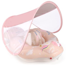 Kids Swimming Pool Float with Removable UPF 50+ Sun Protection Canopy, Infant Toddler Inflatable Swimming Rings for Age of 12-24 Months, Boys Girls Swimming Trainer (Large, Pink Unicorn with Tail)