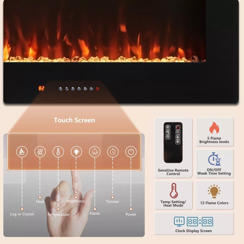 Fireplace 36" Electric Fireplace Recessed/Wall Mounted, 12 Colors, Touch &
