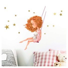 Little Deco DL211-2 Wall Sticker for Children's Room Girl on Swing I (W x H) 49 x 30 cm I Wall Sticker Rabbit Wall Sticker Stars Sticker Children Baby