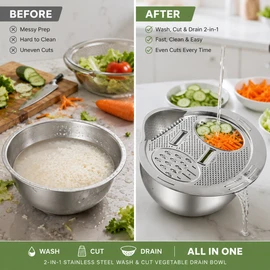 2-in-1 Stainless Steel Rice Washing Bowl with Grater – Side-Drain Strainer for Fruits, Vegetables & Kitchen Prep