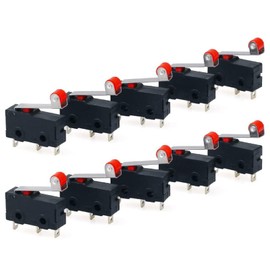 10 Miniature Limit Switches KW12-3, AC 250V, 5A, SPDT (1NO 1NC), with Roller Lever arm, Black.