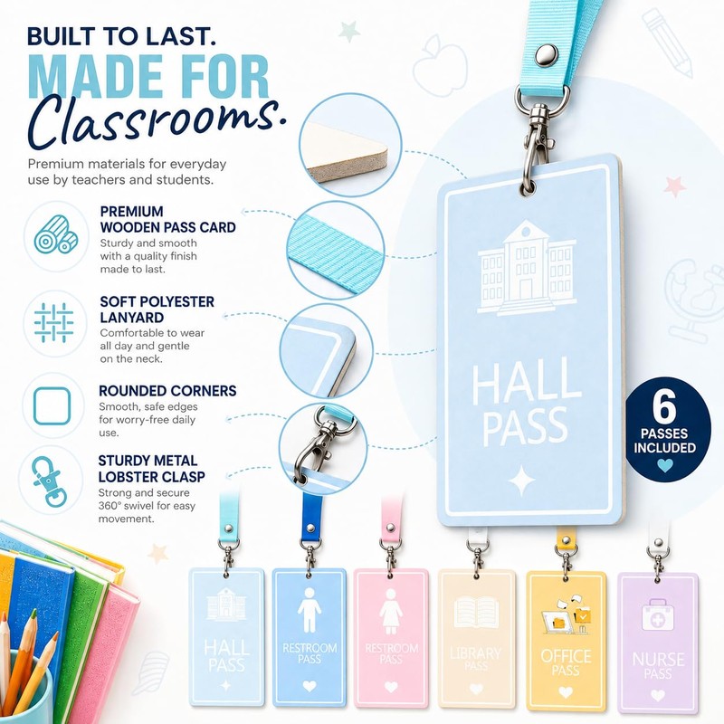 6 Pcs Hall Pass Lanyards and School Passes, Wooden Classroom