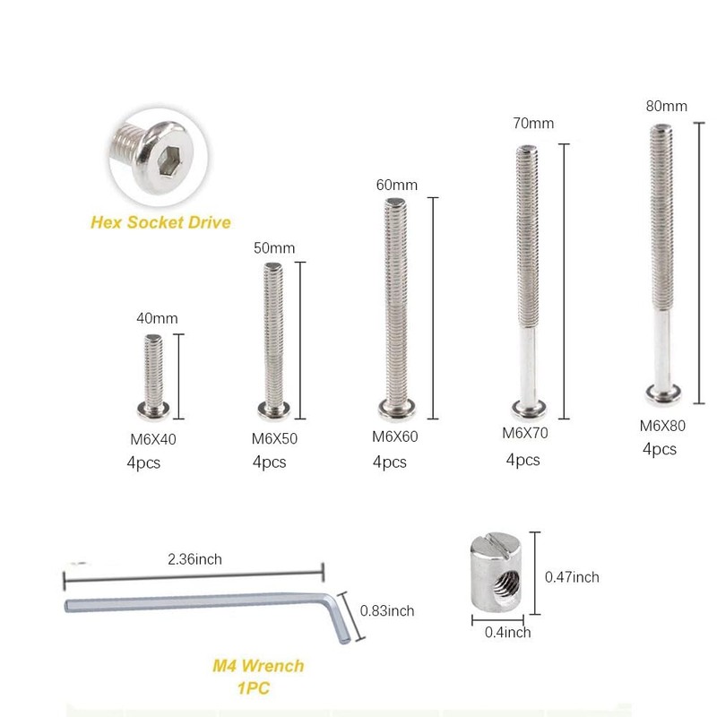 40pcs Baby Bed Crib Screws Hardware Replacement Kit- M6x40mm/ 50mm/