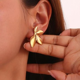 Gold Earrings for Women 14K Gold Plated Big Flower Stud Earrings Hypoallergenic Stainless Steel Chunky Fall Earrings Gold Statement Earrings Christmas Valentine's Day Jewelry (Leaf)