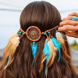 Zoestar Boho Feather Headband Indian Braid Dream Catcher Headpiece Hippie Vintage Head Chain Jewelry Party Costume Hair Accessories for Women and Girls