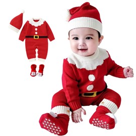 giminuo Santa Christmas Costume, Children, Baby, Kids, Cosplay, Costume, Knit, Boys, Girls, Costume, Romper, Coverall, Kigurumi, Popular, Baby Clothing, Newborn, Holy Night, Photography, Baby Shower, Present (35.4 inches (90 cm), Red)