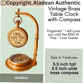ALADEAN - Reloj de mesa de latón con brújula | Reloj romántico de computadora – Reloj mecánico clásico decorativo para los amantes del novio/marido regalos de cumpleaños/boda (te quiero)