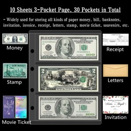 Ettonsun 30 Pockets Paper Money Collection Supplies Pages, 10 Sheets Money Page Holder Currency Collecting Book Album Sleeves for Coin Collection Book Binder(Pocket: 3.7x7.1 in)