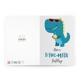 Dino-Mite Birthday Greeting Card - Blue Dinosaur with Sunglasses and Muffin - Made in UK