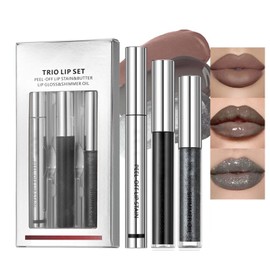 Peel Off Lip Liner Stain and Lip Gloss Comb Set,Long Lasting Waterproof Black Transferproof Lip Gloss Shine Liquid Lipstick Set,Matte Lip Tattoo Hydrating Lip Stains for Women (Black, 3Pcs/Set)