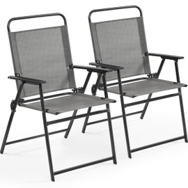 Yaheetech Outdoor Patio Chairs Set of 2, Folding Patio Chairs with Metal Frame, Armrests, Portable Dining Chairs for Camping, Lawn, Garden and Porch, Gray