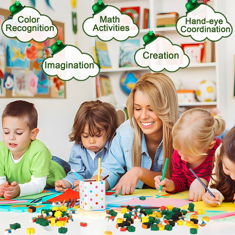 JUNEBRUSHS Erasers for Kids, 150Pcs St. Patrick's Mini Erasers Cute