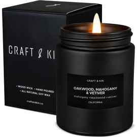 Craft & Kin Premium Oakwood, Mahogany & Vetiver Candle | Black Scented Candles for Men | Long Lasting with 45 Hour Burn Time, 7.6oz | Soy Candles | Aromatherapy at Home