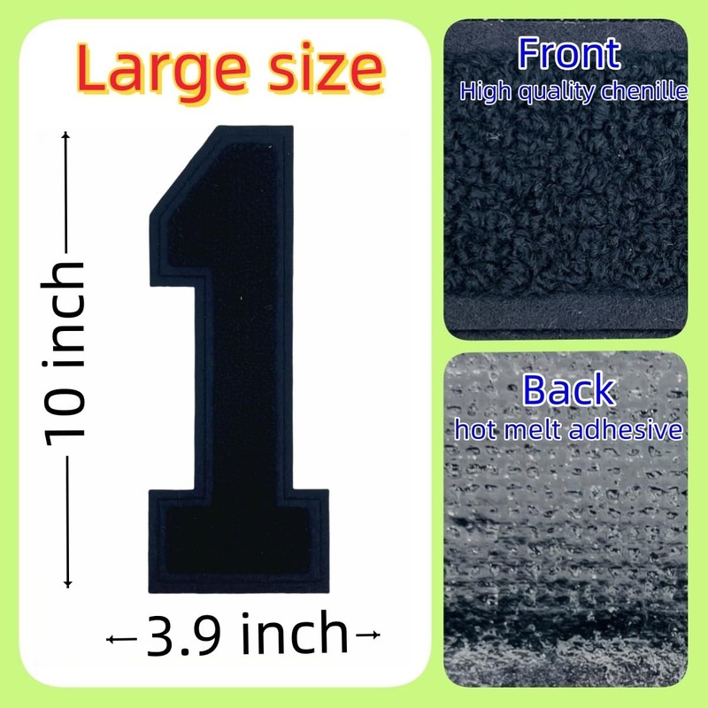 1 Pcs 10" Black Chenille Number Patch, Iron On Appliques