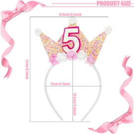5th Decorations for Women, Birthday Crown Headbands, 5-Year-Old Happy Birthday Decorations Flower Princess Tiara Hair Accessory, Girls 5th Gift Party Supplies