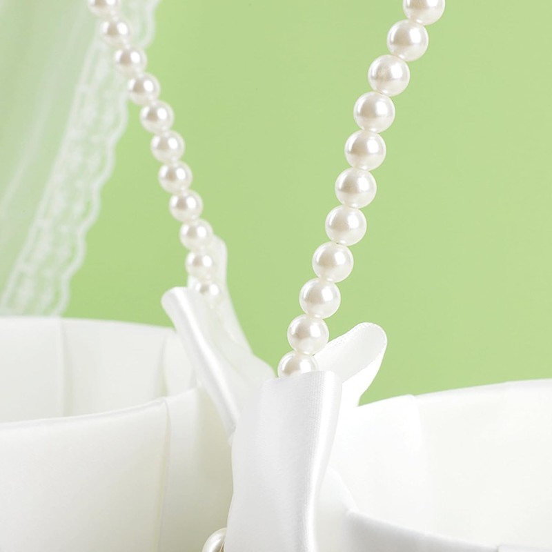 Wedding Flower Girl Flower Basket with Cute Pearl Handle Bow