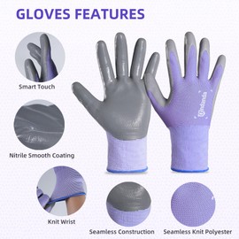 ANDANDA 1 Pairs Work Gloves, Smart Touch, 18D Comfort Stretch Fit, Nitrile Coated Work Gloves with Grip, Seamless Knit Nylon Work Gloves Men Suitable for General Work,Purple(L)