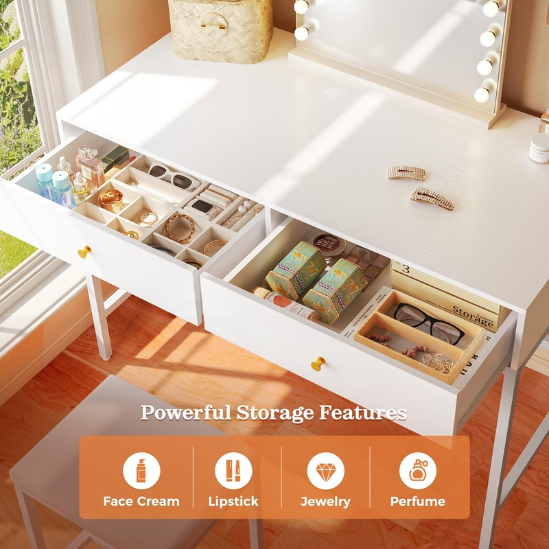 SUPERJARE 31.5" White Desk with 2 Drawers, Modern Makeup Vanity
