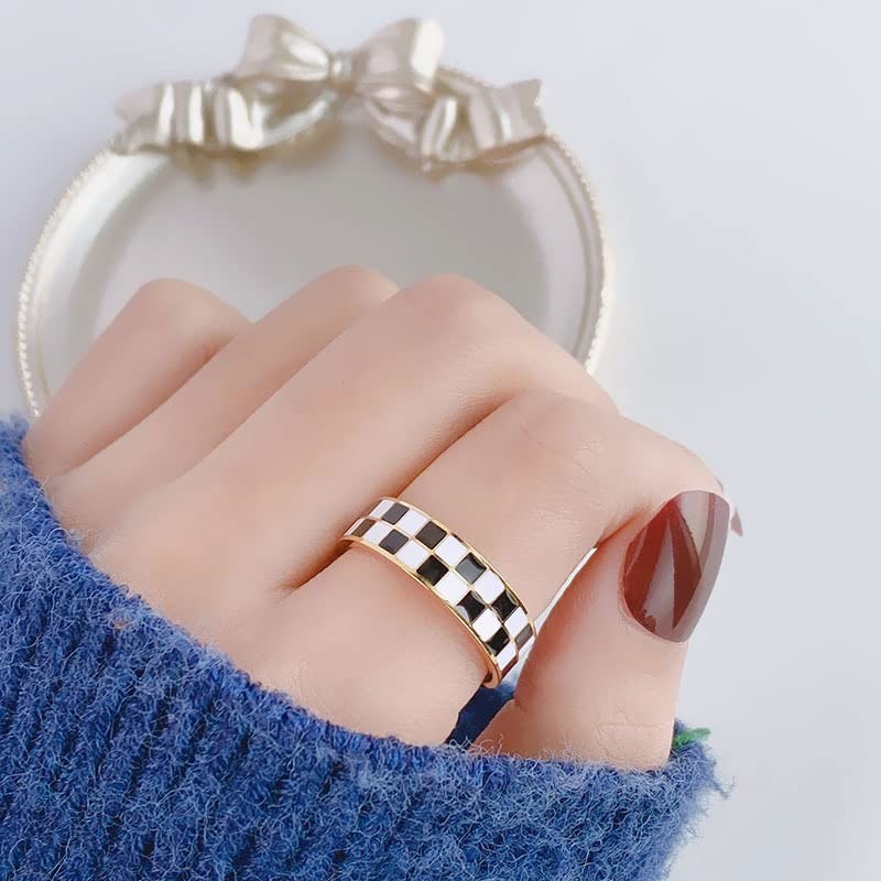Checkerboard Bands Statement Finger Ring 14K Gold Black White Titanium