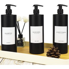 Ezebesta Pack of 3 500 ml Matte Black Plastic Soap Dispenser Pump Dispenser for Liquid Soap with 22 Stickers