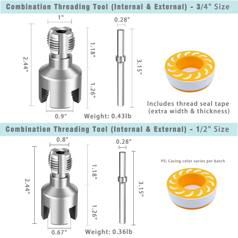 Integrated Internal & External Pipe Threading Tool with Sealant Tape