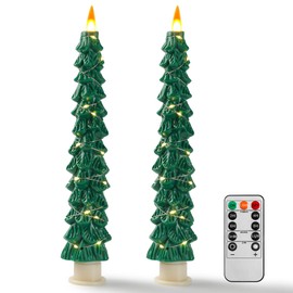 Christmas Tree Candles Surrounded by Fairy Lights, LED flameless Candle Lights with Remote Control Timing Function. Green